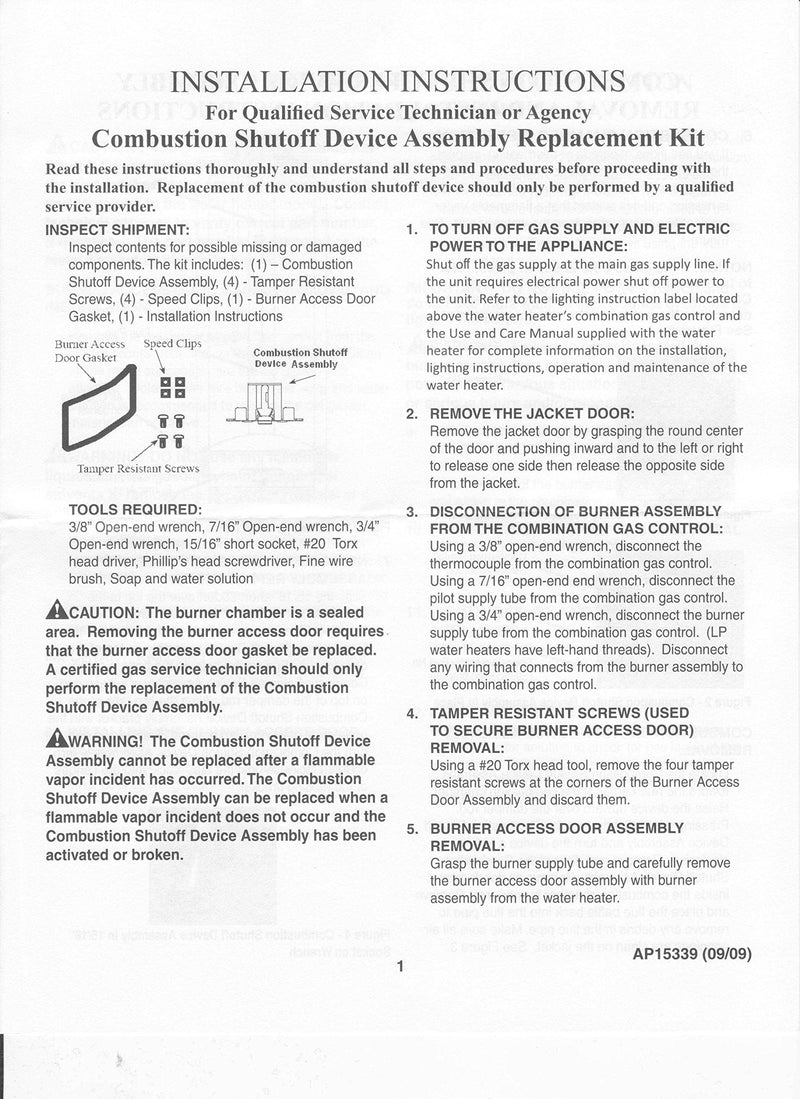 Water Heater FVIR (Flammable Vapor Ignition Resistant) or FTR Fixed Thermal Release Device
