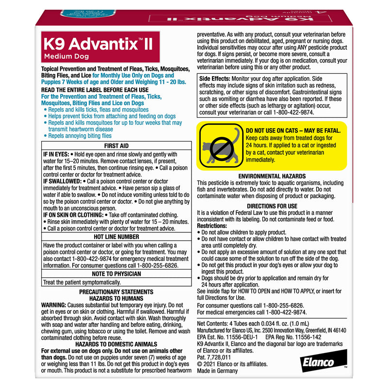 K9 Advantix II Medium Dog Vet-Recommended Flea, Tick & Mosquito Treatment & Prevention | Dogs 11-20 lbs. | 4-Mo Supply 4 Pack