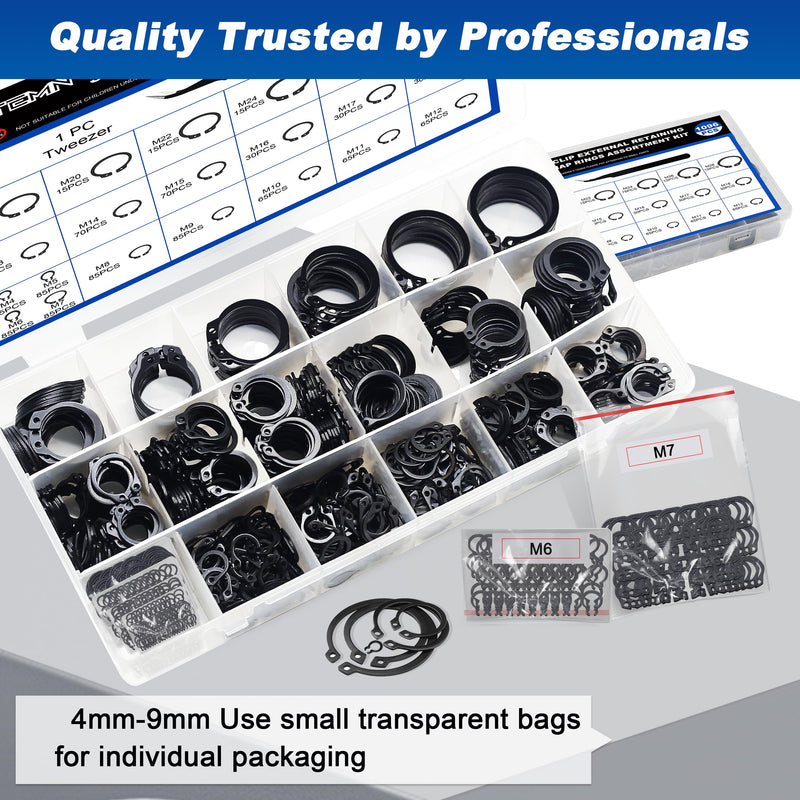 External Retaining Rings Assortment Kit, 1095 PCS Circlip Snap Retaining C-Clips Black Alloy Steel Rings and 1 PC Tweezers, Includes Sizes of M4-M28 1096pcs C-clip