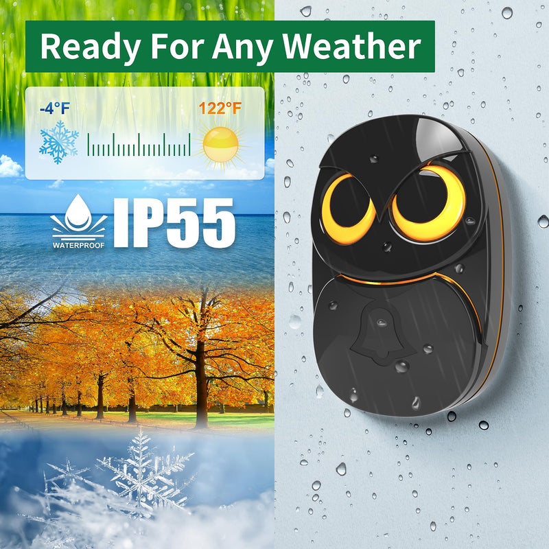 Wireless Doorbell, Cute Owl Doorbell Weatherproof IP55 Outdoor Remote Push Button- 1000 Feet Long Wireless Range, 1 Receiver + 1 Transmitter, Black 1 Receiver + 1 Transmitter - Black