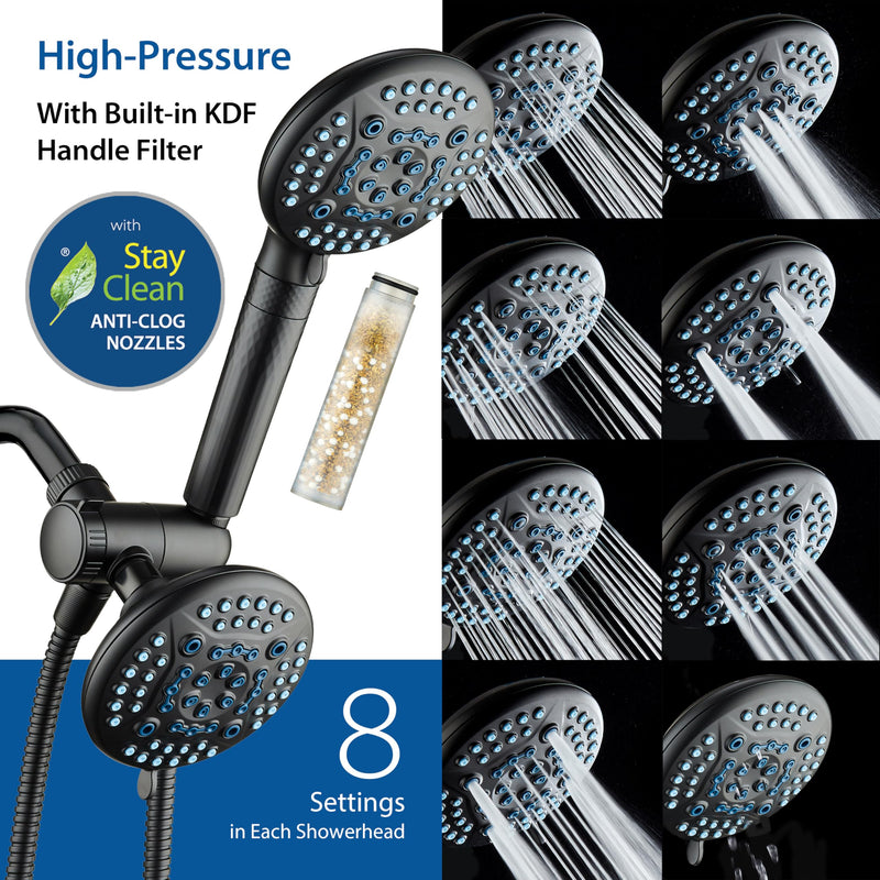 AquaCare High Pressure 6-way Dual Shower Head Combo with Built-in Filter & Power Wash - Clean Tub, Tile & Pets. Remove Chlorine, Lead & Toxins from Water to Protect Skin, Hair, & Nails. Matte Black 2.5 Gallons Per Minute