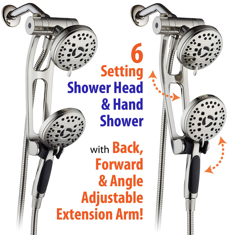 High Pressure 48-mode Luxury 3-way Combo with Adjustable Extension Arm – Dual Rain & Handheld Shower Head – Extra Long 6 Foot Stainless Steel Hose – All Brushed Nickel Finish – Top US Brand