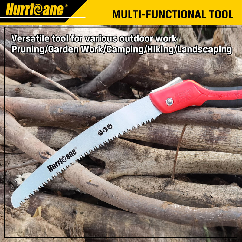HURRICANE Folding Hand Saw, 10 Inch Pruning Saw, Hand Saw for Wood Cutting, Camping Tree Saw with SK5 Curved Blade, Triple-cut Razor Teeth, Outdoor Portable Saw for Tree Trimming, Gardening, Hiking