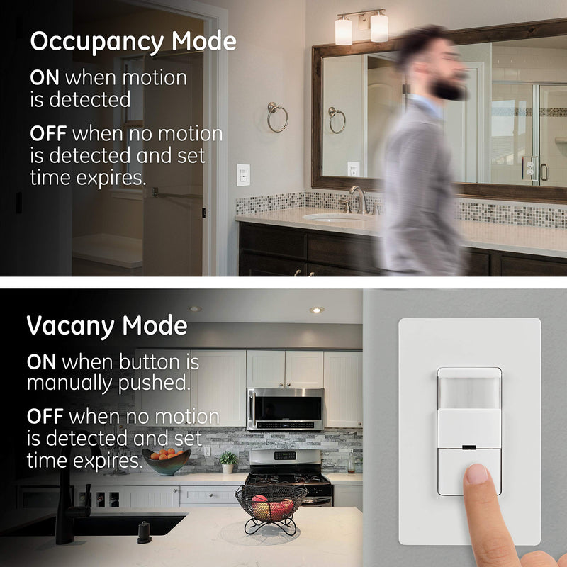 GE in-Wall Motion Sensor Light Switch, Motion Sensor Light Indoor Switch, Occupancy & Vacancy Options, Single Pole, 150 Degree 30ft Detection Zone, Custom Timer, 11927 Motion Sensing