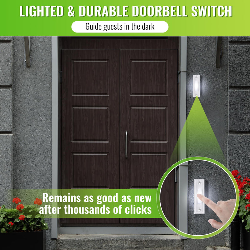 Saillong Wired Doorbell Chime Kit, 2 16V 10VA Lighted Doorbell Push Buttons with 2 Notes for Front, Rear Door and Doorbell Chime Box for Home Wall Inside, Compatible with Most Doorbells (Strip Style) Strip Style