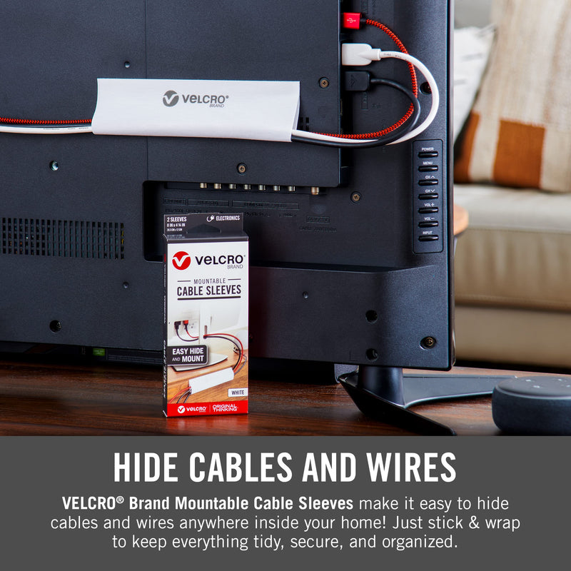 VELCRO Brand Cable Sleeves. Organize Messy Wires on Desk, Behind TV or Game Console. 16-Inch (2x8in) White. Removable Adhesive Mounts to Smooth Surfaces 8in - 2Pk