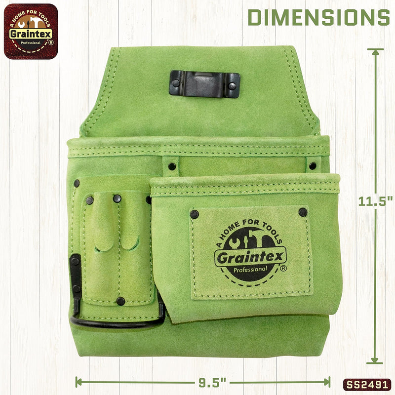 Graintex SS2491 :: 5 Pocket Right Handed Nail & Tool Pouch Lime Green Color Suede Leather for Constructors, Electricians, Plumbers, Handymen