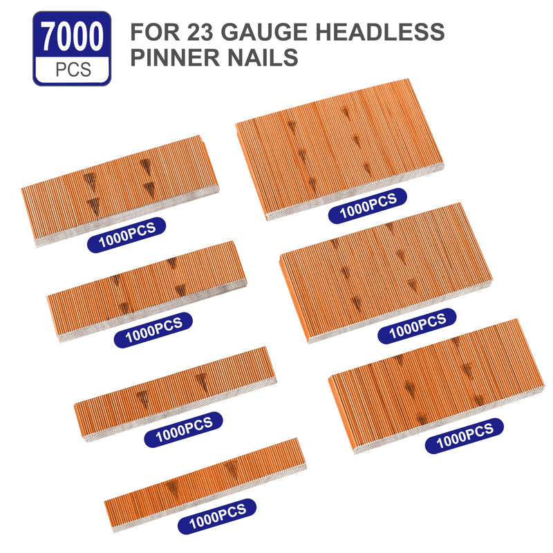 HAMWOO 7000 pcs 23 Gauge Pin Nails, Headless Pinner Nails, 7 Sizes Assorted 3/8 Inch to 1-3/8 Inch for Molding Cabinetry Building,photo frame,handicrafts Assembly (Red)