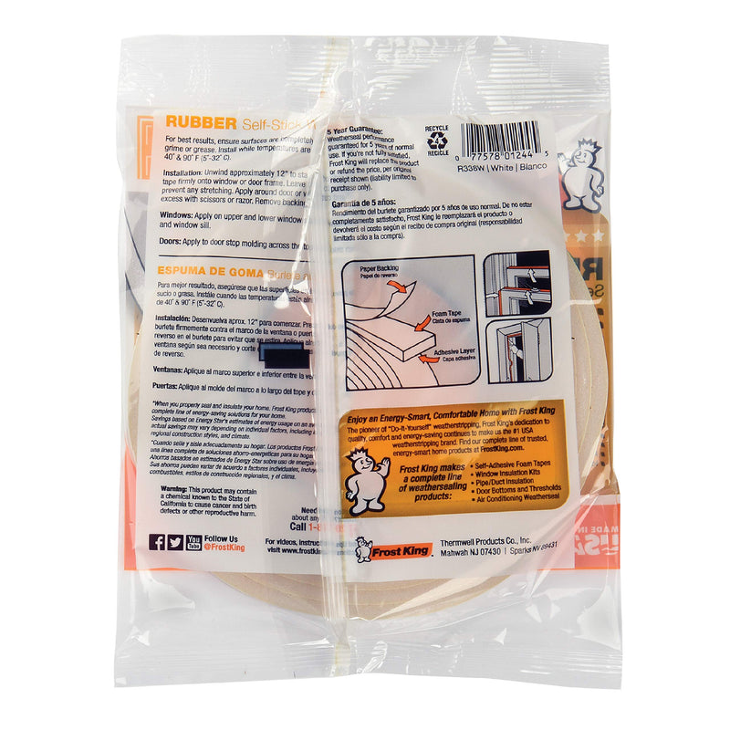 Frost King R338H Self-Stick Rubber Foam Weatherseal, 3/8"W, 3/16"T, Black|Blacks