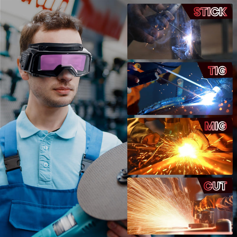 Meonum Auto Darkening Welding Goggles, Wide Rang Shade 4/5-9/9-13, Welding Glasses with Welder Mask and 10 Replacement Lenses, Adjustable Sensitivity work for TIG MIG ARC Plasma Cutting