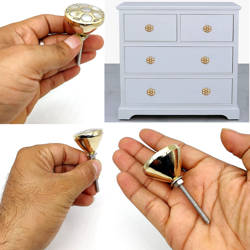 5MOONSUN5's Brass Mother of Pearl Door Knobs/Drawer Pulls Dresser Door Knobs/Pull and Push Handle for Cabinets, Wardrobes & Kitchen Grey Honeycomb knobs/Handmade Classic Hardware Decor, 35 mm(6) 6