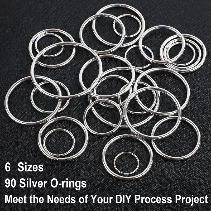 90Pcs 6 Sizes Silver Metal O Rings Multi-Purpose Heavy Duty Round Ring for Hardware Bags Belts Dog Leashes Hanging Basket DIY Craft Supplies 0.59in,0.78in,0.98in,1.25in,1.49in,1.96in
