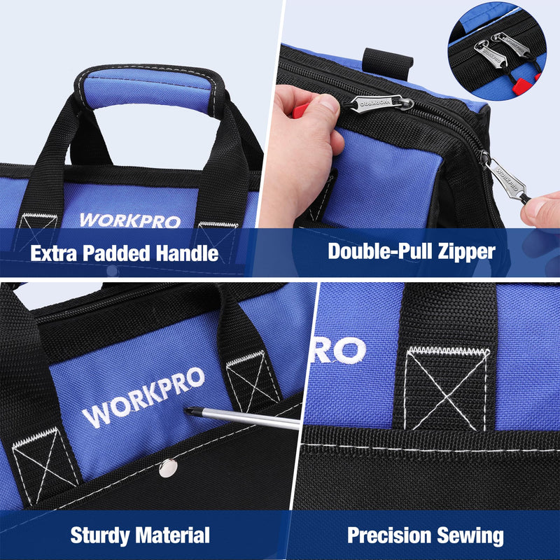 WORKPRO 13-inch Tool Bag, Wide Mouth Tool Tote Bag with Inside Pockets for Tool Storage Blue