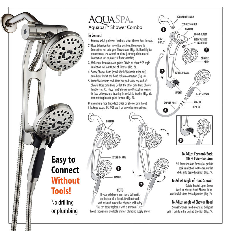 High Pressure 48-mode Luxury 3-way Combo with Adjustable Extension Arm – Dual Rain & Handheld Shower Head – Extra Long 6 Foot Stainless Steel Hose – All Brushed Nickel Finish – Top US Brand