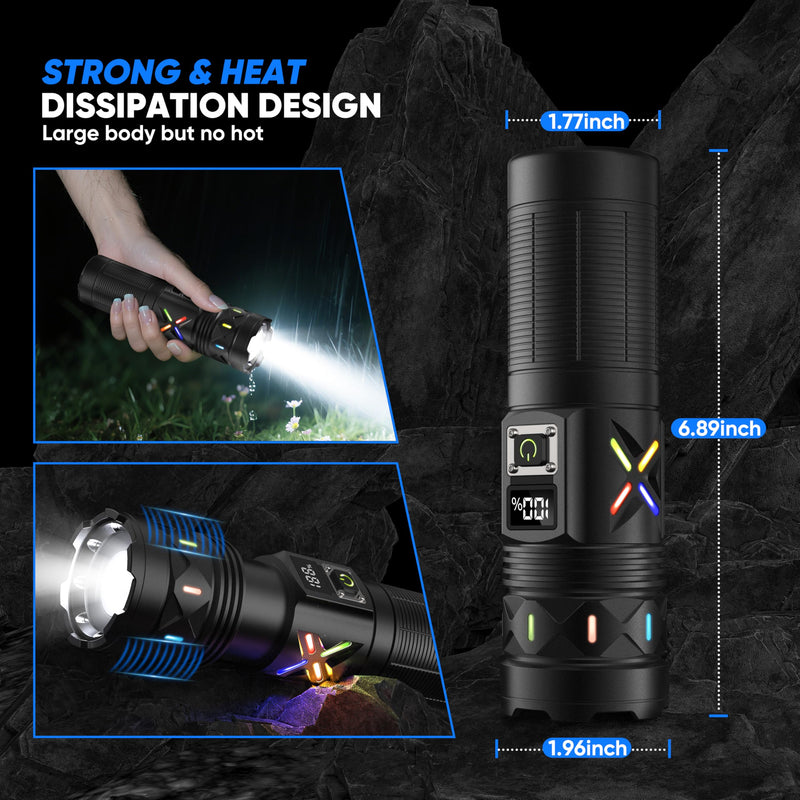 Flashlights High Lumens 100000 Rechargeable, Super Bright 50W LED, Long Running 15 Hours, USB C Input & USB Output, Zoomable 3 Modes, Powerful Strong Flash Light for Home Hiking Camping
