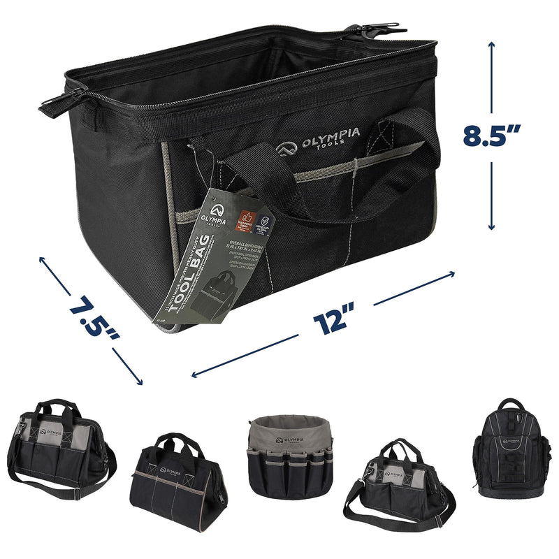 Olympia Tool Bag 12 Inch, Heavy Duty Tools Bag with 3 Large Pockets, Adjustable Shouder Straps and 600D Reinforced Material 12-Inch Black