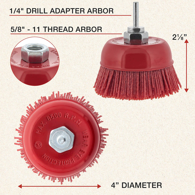 Dura-Gold 4" Abrasive Filament Nylon Bristle Cup Brush - Coarse Sanding Scuffing Brush, 5/8" 11 Thread, 1/4" Drill Arbor - Remove Rust, Corrosion, Paint - Surface Prepping for Truck Bed Liner Coatings 4-inch
