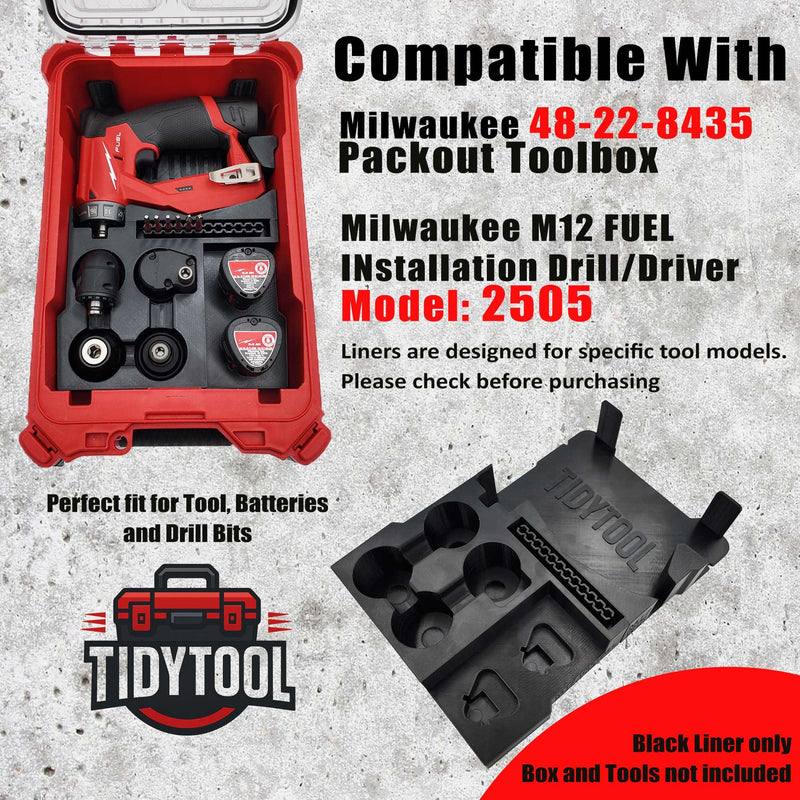 Tidy Tool Insert for Milwaukee M12 Installation Drill 2505-20 – Fits Packout Compact Organizer 48-22-8435 – All 4 Attachments & Battery Storage Liner Only