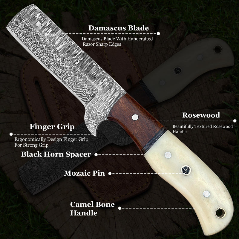 Cowboy Knives with Leather Sheath - 8” Sharp Handmade Damascus Bull Cutter Knife - EDC Fixed Blade Hunting Knife for Skinning, Camping, Bushcrafting and Outdoor Activities