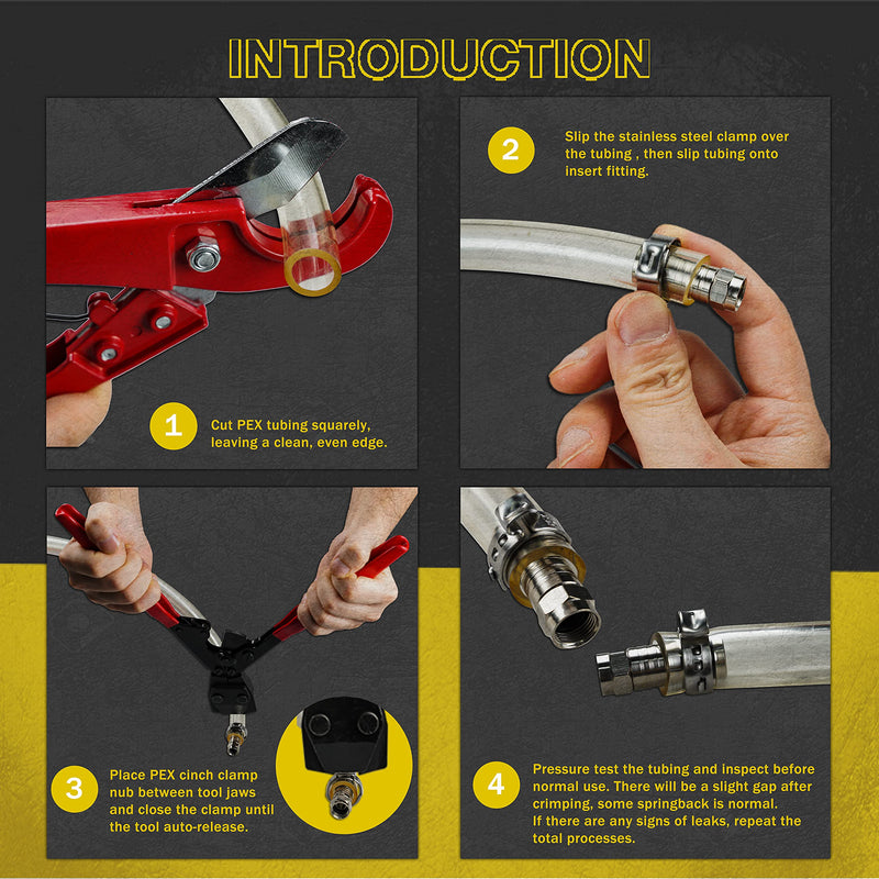 KOTTO Ratchet PEX Crimping Clamp Cinch Tool & Pipe Hose Cutter Meets ASTM 2098 & Stainless Steel Pipe Clamps, Pipe Fitting Tool Kit Sizes 3/8" to 1" - 20 pcs 1/2", 10 pcs 3/4" Clamps With Storage Bag PEX Crimping Tool