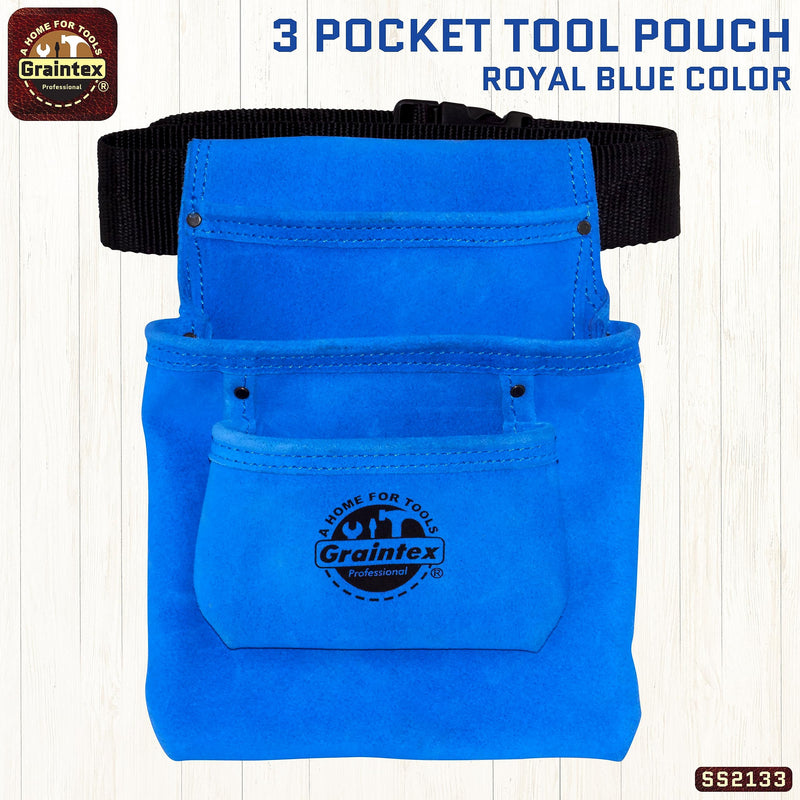 GRAINTEX SS2133 3 Pocket Nail & Tool Pouch Blue Color Suede Leather with 2” Webbing Belt for Constructors, Electricians, Plumbers, Handymen