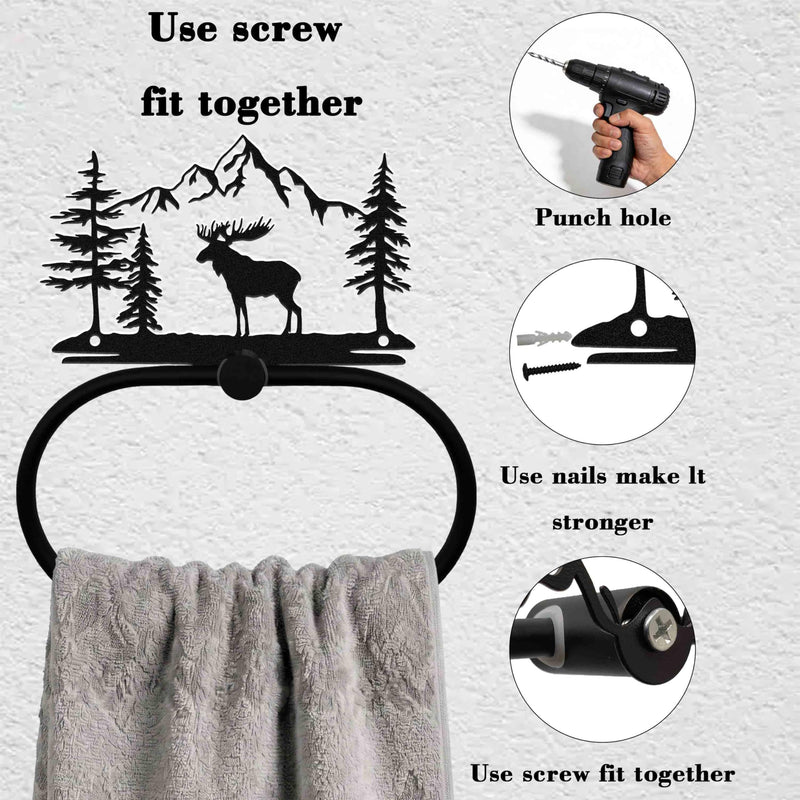 Moose Bathroom Decor - Mountain Hand Towel Ring for Cabin and Lodge Decor, Matte Black Metal Woodland Towel Hanger for Kitchen or Bathroom, Log Cabin Style Home Decor Gift Moose
