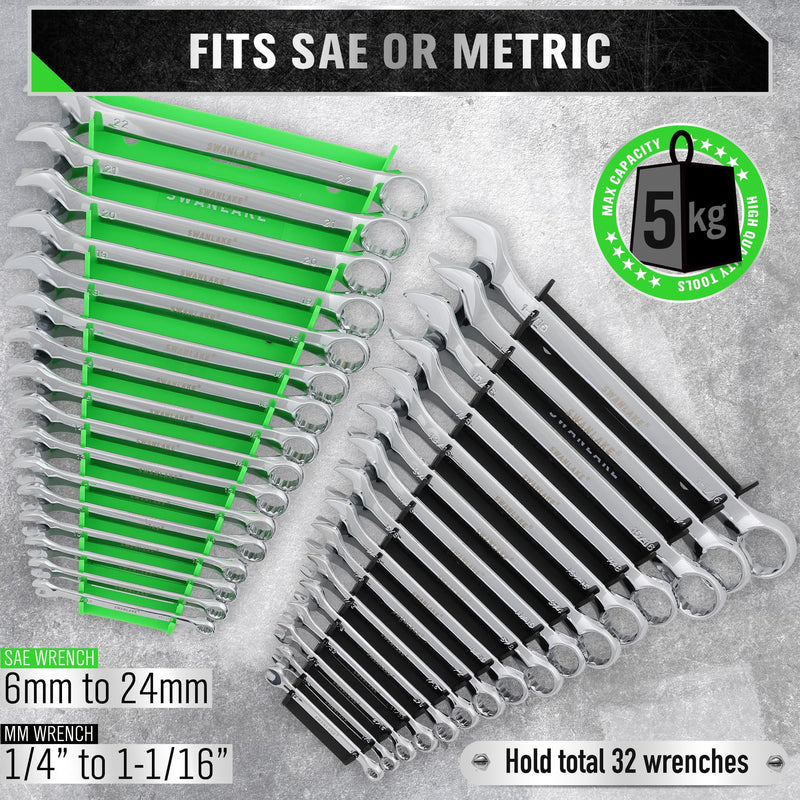 Magnetic Wrench Organizer 2-piece, Wrench Rack Tool Trays SAE (1/4" to 1-1/16"), Metric (6mm to 24mm), 32-Slot Drawer Storage Tools, Wrench Set Holder 32 Slot