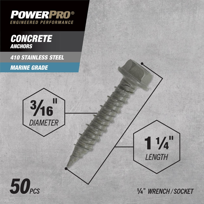 Power Pro Concrete Screw Anchors #410 Stainless Hex Washer (3/16" x 1-1/4") 50-Piece