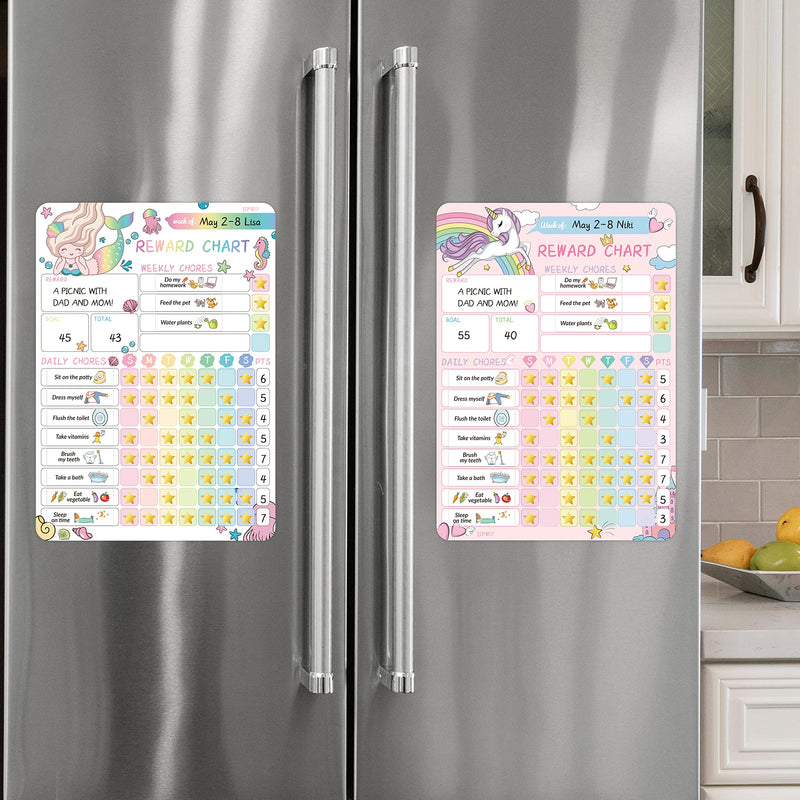 Magnetic Dry Erase Chore Chart for Two Kids, Reward Chart for Kids Behavior. Includes 52 Static Tasks, 126 Golden Stars and Unicorn & Iridescent Mermaid Magnetic Charts Each Unicorn+Mermaid