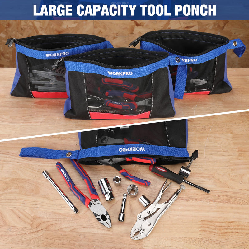 WORKPRO 12" Tool Pouches with Zipper, Heavy-Duty Small Tool Bag, Utility small tool pouch for Tool Organizers and Storage, Mini Tool Bag, 3 Pack - NewNest Australia