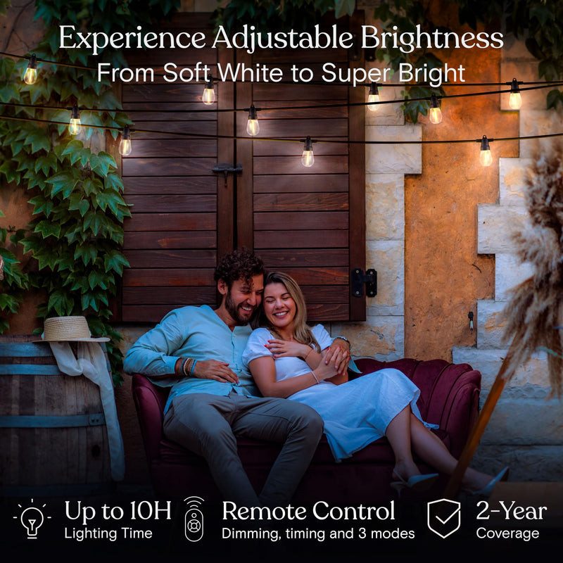 Brightech Ambience Pro Super Bright Solar - 27Ft Remote Control Outdoor String Lights with 12 Shatterproof S14 Bulbs, Commercial Grade LED, Waterproof Patio Lights, 4W Soft White for Patios, Gardens 27 Feet