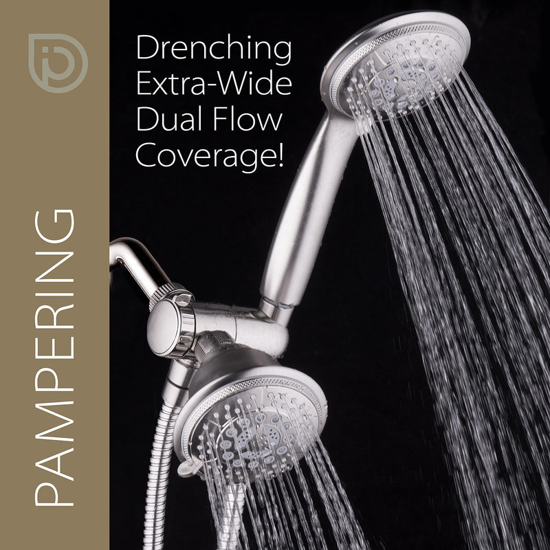 1733 Handheld Showerhead & Rain Shower Combo. High Pressure 24 Function 4" Face Dual 2 in 1 Shower Head System with Stainless Steel Hose, Patented 3-way Water Diverter in Nickel Finish 2.5 Gallon Per Minute Brushed Nickel