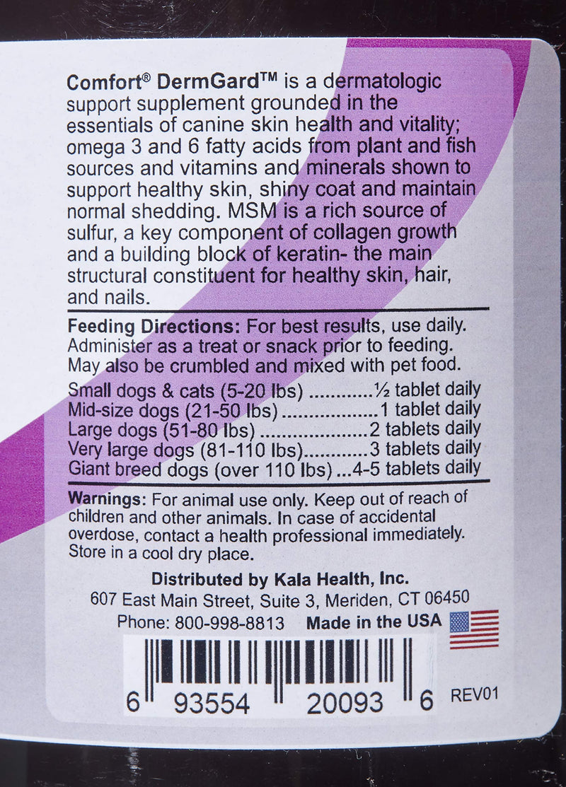 Kala Health Comfort DermGard Skin and Coat Supplement for Dogs, 150 Count, Supports Healthy Skin, Shiny & Reduce Excessive Shedding, Contains MSM, Fish Oil & Omega 3, 6, and 9 Essential Fatty acids - PawsPlanet Australia