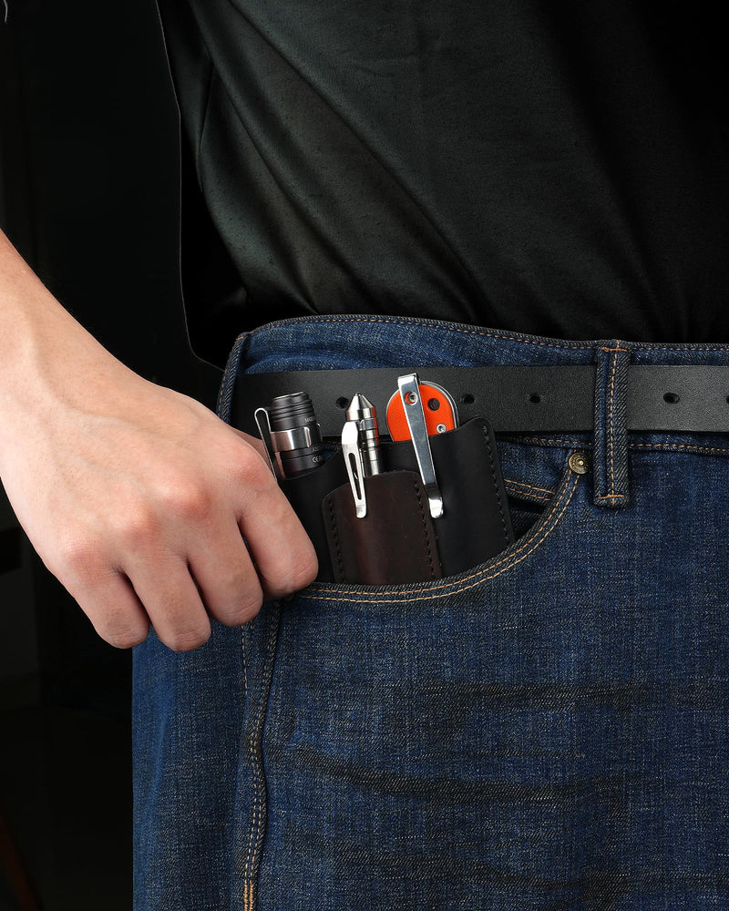 VIPERAED PJ38 Leather Multitool Sheath for Men, 4-in-1 Utility Leather Holster, EDC Pocket Organizer for Pocket Knife Multitool Flashlight and Pen Medium