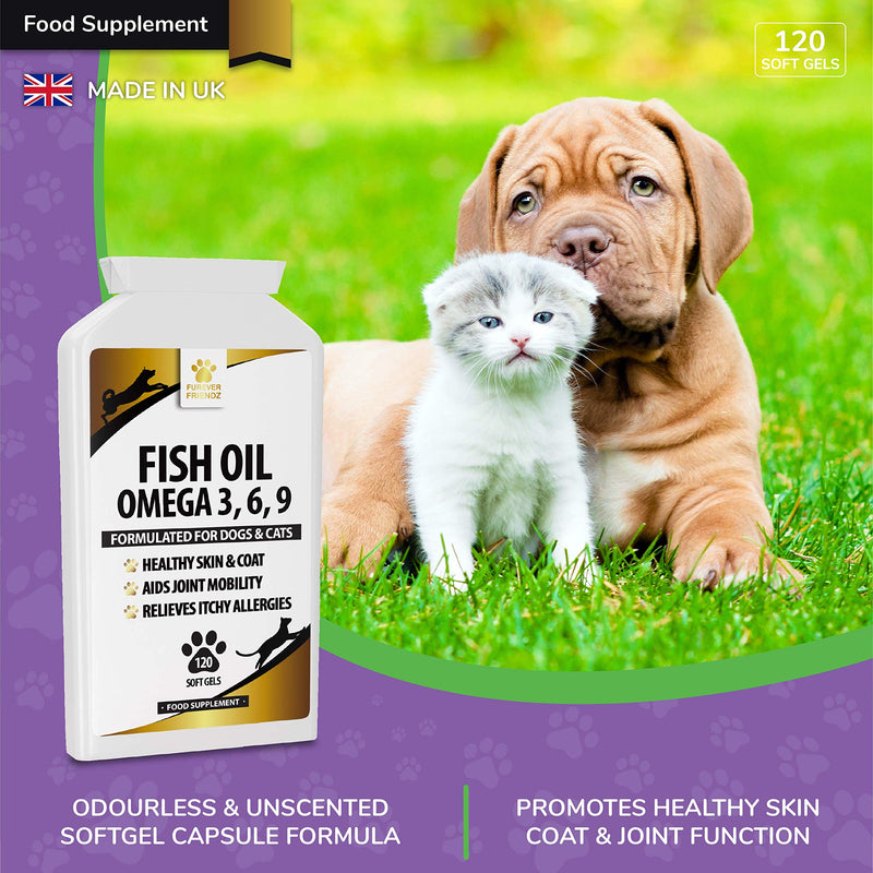 Fish Oil Omega Supplements for Dogs and Cats - 120 Softgels for Pets - Great for Itchy Dry Skin, Allergies & Dandruff • Furever Friendz - PawsPlanet Australia
