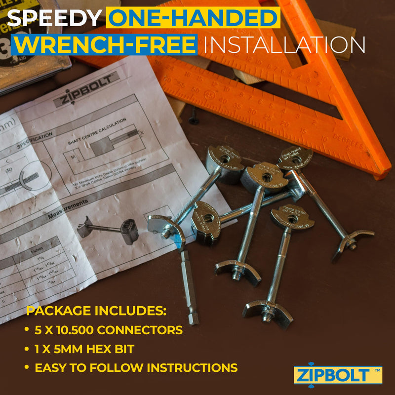 Zipbolt 10.500 Countertop Miter Connector — 5 Piece Joint Fastener Drawbolt Pack with 5mm Hex Bit for Joining Countertops, Butcher Blocks, Furniture, and More - Single-Handed Tightening