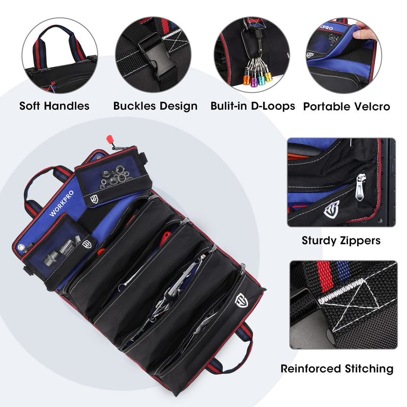 WORKPRO Roll Up Tool Bag, Tool Roll Up Bag with Detachable Tool Pouches, Heavy Duty Tool Bag Organizer with 6 Pockets, Tool Roll Organizer for Mechanic, Electrician, Plumber and Carpenter Black