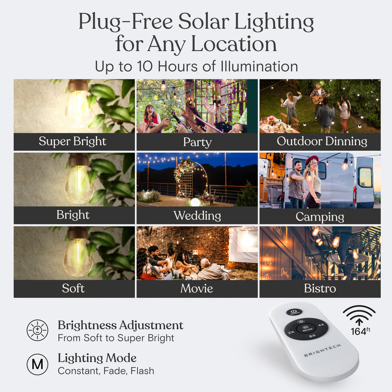 Brightech Ambience Pro Super Bright Solar - 27Ft Remote Control Outdoor String Lights with 12 Shatterproof S14 Bulbs, Commercial Grade LED, Waterproof Patio Lights, 4W Soft White for Patios, Gardens 27 Feet