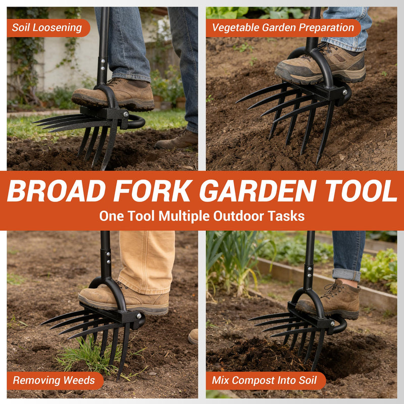 Broad Fork Garden Tool, Heavy Duty 5+4 Sharp Tines BroadFork Hand Tiller Garden Pitchfork with Ergonomic Handles for Spading Digging Fork Gardening Cultivating Composting and Loosening