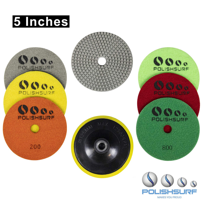 Diamond Polishing Pads 5 Inch Wet Dry Set 8 Pieces for Marble Quartz Stone Countertop Granite Concrete Polishing