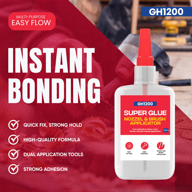 GH1200 (2-in-1) Super Glue with Brush Applicator & Nozzle, Mess Free Superglue Brush, Instant Glue Never Dries, 3000 CPS Cyanoacrylate Glue, No Stain Clear Glue, Super Glue for Plastic, Rubber & More 20g Super Glue with Nozzle & Brush