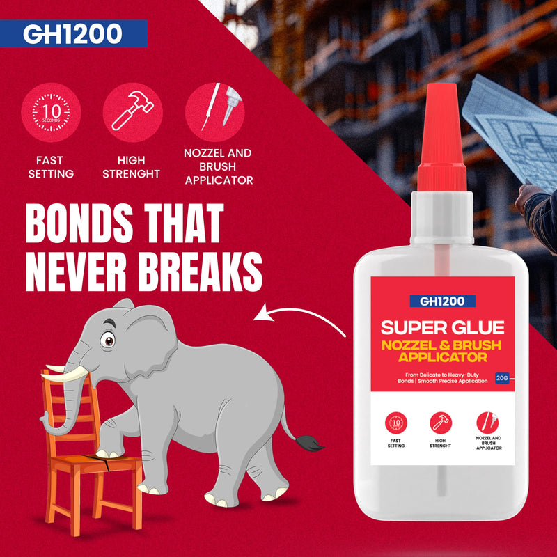 GH1200 (2-in-1) Super Glue with Brush Applicator & Nozzle, Mess Free Superglue Brush, Instant Glue Never Dries, 3000 CPS Cyanoacrylate Glue, No Stain Clear Glue, Super Glue for Plastic, Rubber & More 20g Super Glue with Nozzle & Brush