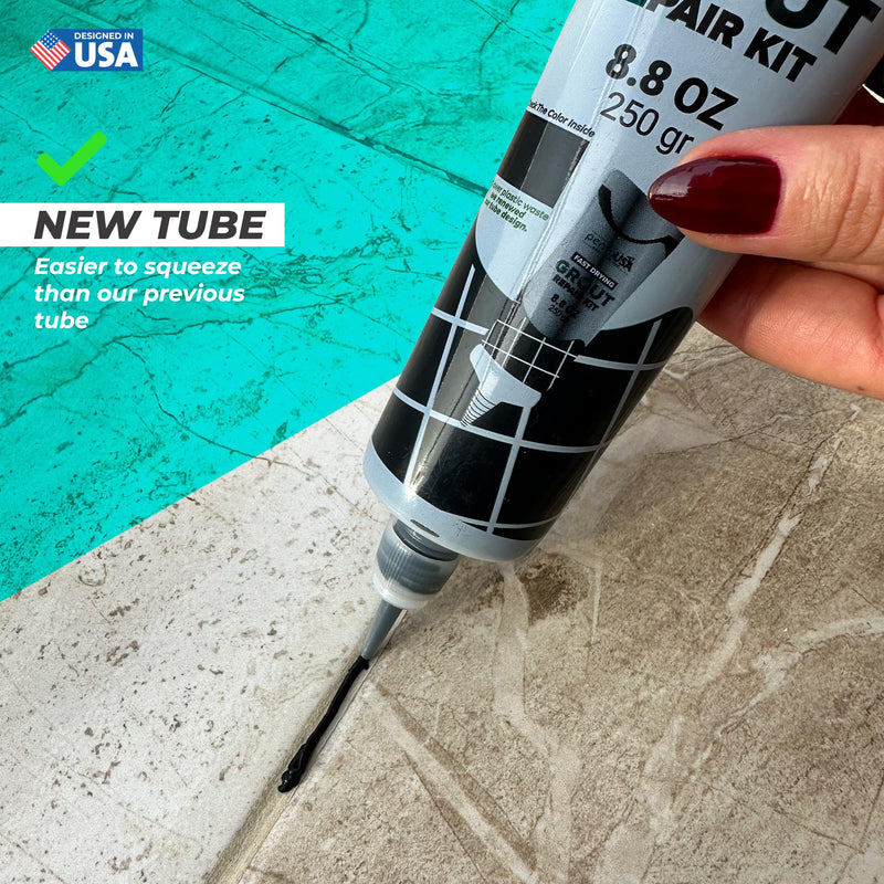 Pentausa Premixed Acrylic Sanded Tile Grout Repair Kit - Ready to Use Grout Renew Filler for Bathroom, Shower, & Kitchen Tile with Grout Removal Tool, Applicator & Sponge, (8.8 Oz - 250gr) (Black) Black