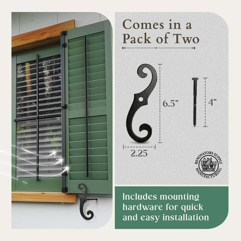 Renovators Supply Cast Iron Shutter Fasteners - Decorative S Style Shutter Dogs Hardware - Weatherproof Powder Coated External Shutter Tieback Including Mounting Screws - 6.5 Inches, Pack of 2