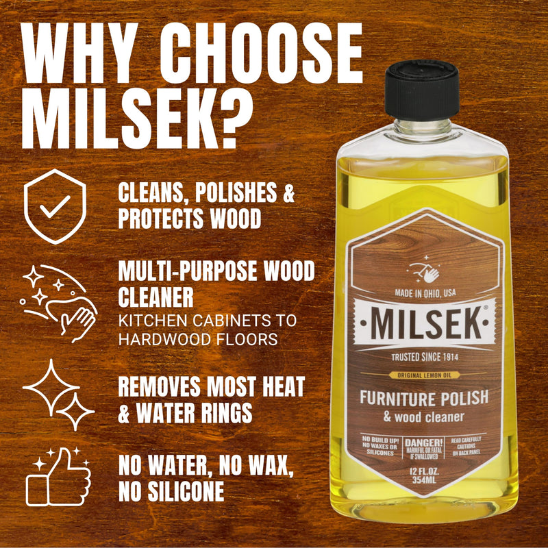Milsek Furniture Polish and Wood Cleaner with Lemon Oil - Multipurpose Solution for Home Improvement from Hardwood Floors to Kitchen Cabinets - 12 Fl Oz (Pack of 1) 12 Fl Oz (1 Pack)