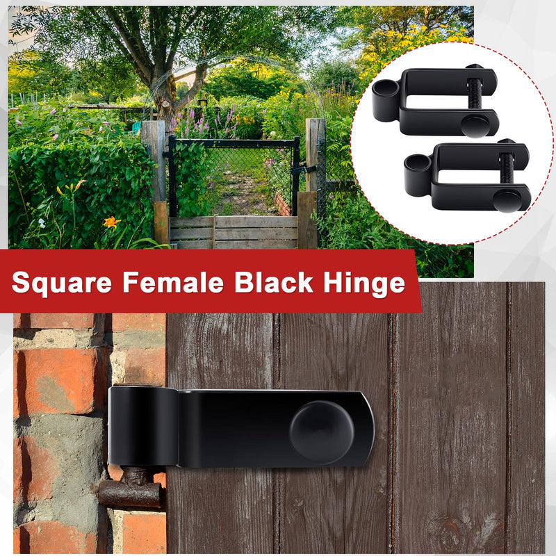 Hicarer 4 Pcs 1-1/2" x 1-1/2" x 5/8" Square Post Female Gate Hinge with Nut and Bolt, Chain Link Fence Frame Post Female Black Galvanized Steel Hinge for Repairing and Replacing Fence Gate