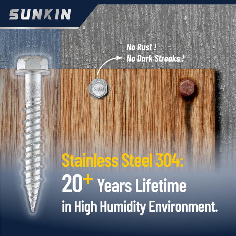 SUNKIN 40PCS Concrete Screws, Bi-Metal Stainless Steel 304, #14 x 2-1/2" Hex Head, Hardened Tip, for Masonry & Concrete, Outstanding Rustproof #14 x 2-1/2 inch