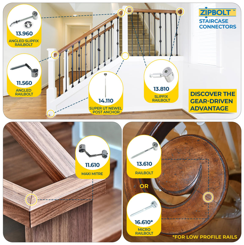 Zipbolt UT 11.600 Maxi Mitre Connector Bulk Pack — Connects Mitered Staircase Handrail Sections, Residential and Commercial Installation, New Construction and Remodels 10 Pack