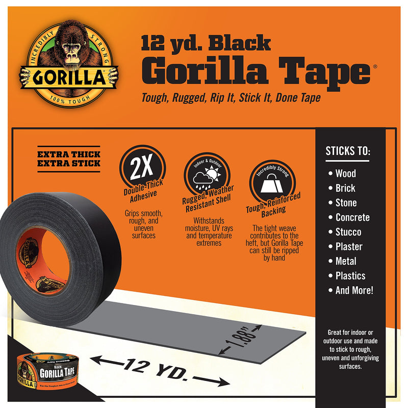 Gorilla Black Duct Tape, 1.88" x 12 yd, Black, (Pack of 3)