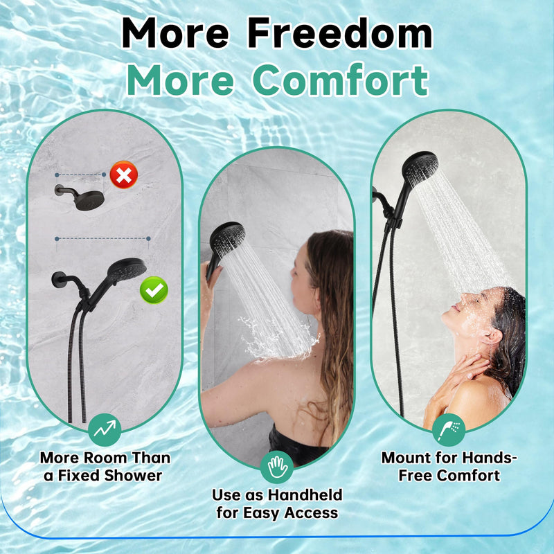 BRIGHT SHOWERS High Pressure Shower Head with Handheld, 9 Spray Settings Showerhead Built in Power Wash to Clean Tub and Pets, Extra Long 69" Hose, Adjustable Bracket, Matte Black 2.5 GPM | 9 Modes